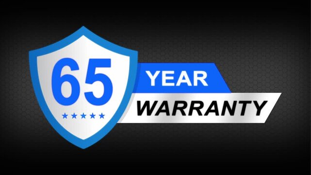 65 year warranty premium shield badge. Blue security guarantee emblem, product protection label, trust assurance icon on modern dark background.