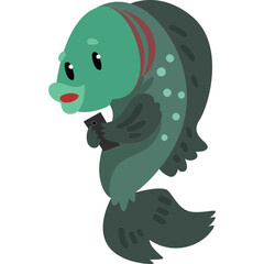 Pixel Art Illustration of a Green Fish Character Holding a Small Dark Object With a Red Band on its Head Standing on a Transparent Background