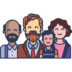 Pixel art illustration of a diverse family group with smiling faces and warm expressions rendered in soft pastel colors against a transparent background representing generational unity and happiness