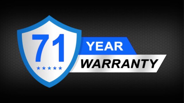 71 year warranty premium shield badge. Blue security guarantee emblem, product protection label, trust assurance icon on modern dark background.