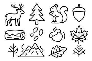 Fototapeta premium Winter Forest Icons. Forest in Winter linear icon set: deer, squirrel, evergreen tree, acorn, snowy log, footprints, misty mountain, frost leaf