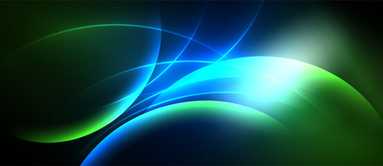 Abstract flowing lines, vibrant blues, greens create dynamic energy. Bright light source adds dramatic effect. Dark background emphasizes curves.