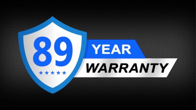 89 year warranty premium shield badge. Blue security guarantee emblem, product protection label, trust assurance icon on modern dark background.