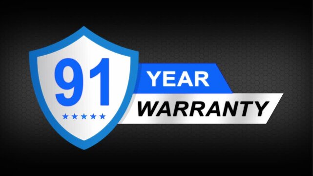 91 year warranty premium shield badge. Blue security guarantee emblem, product protection label, trust assurance icon on modern dark background.
