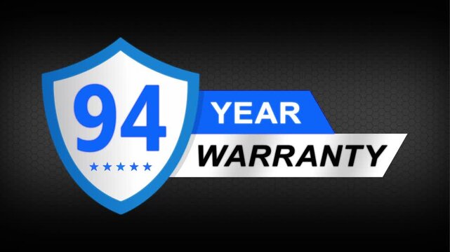94 year warranty premium shield badge. Blue security guarantee emblem, product protection label, trust assurance icon on modern dark background.