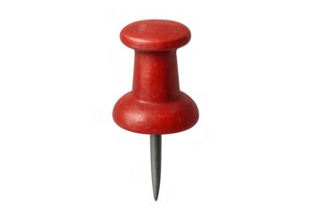 Red pushpin pointing down, essential office stationery for attaching documents and notes, transparent background