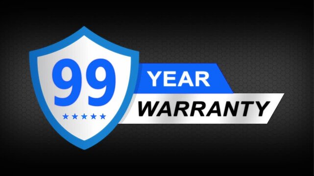 99 year warranty premium shield badge. Blue security guarantee emblem, product protection label, trust assurance icon on modern dark background.