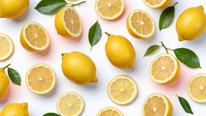 Fototapeta premium Fresh Lemon Pattern with Slices and Leaves, Bright Citrus Food Background, Modern Summer Fruit Photography