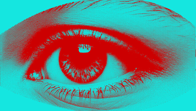 Retro Halftone Eye Illustration in Cyan Red Contrast, Vintage Xerography Pop Art, Bold Graphic Concept
