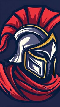 A detailed graphic illustration of a Spartan warrior helmet with a red plume and flowing cape, depicted in a strong, stylized manner.