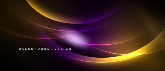 Abstract design features flowing curves, vibrant colors. Purple, orange, yellow gradients create dynamic visual effect. Dark background enhances luminosity.