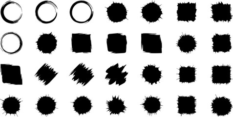 Grunge Brush Shapes Vector Set, Rough Ink Splash Circles and Squares, Abstract Black Paint Stroke Elements for Logo, Poster, and Graphic Design