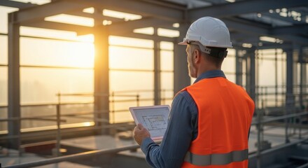 Construction Manager Using Digital Tablet to Review Architectural Plans at Golden Hour
