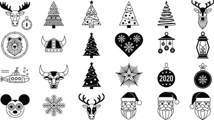 Black and white holiday icon set, Christmas symbols, festive faces, winter decorations, Santa Claus, reindeer, ornaments, vector graphic