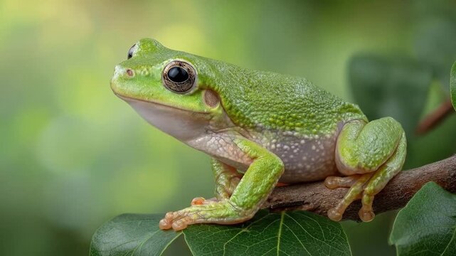 A vibrant green amphibian, likely a tree frog, perches serenely on a slender brown branch amidst lush green foliage. Its striking emerald skin, intricate textures, and large, dark, expressive eyes are