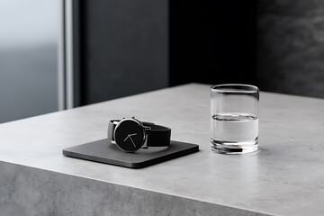 tech accessories display, close-up of smartwatch on simple desk next to water glass, creating a tranquil tech aesthetic with gentle reflections