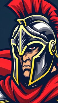 Close-up illustration of a fierce Spartan warrior wearing a golden and black helmet with a red plume, ready for battle.