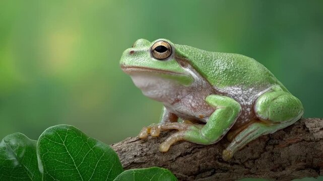 A vibrant green tree frog perches calmly on a rustic tree branch amidst lush foliage, set against a beautifully blurred natural green background. The amphibian's textured skin and prominent golden eye
