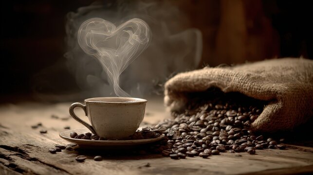 Steaming Coffee Cup on Rustic Wooden Surface with Heart Shaped Vapor next to Coffee Beans in Burlap Sack - Powered by Adobe