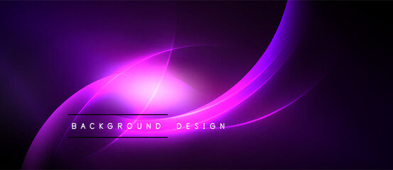 Abstract purple background. Smooth curves radiate from bright central point. Modern design element for digital projects.
