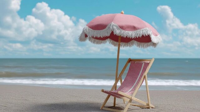 A vibrant pink beach umbrella with delicate white fringe stands gracefully on a pristine sandy shore, casting a welcoming shadow. Beside it, a classic wooden deck chair with cheerful red and white str