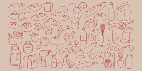 Red outline drawing of assorted food items including bread fruit cheese and containers