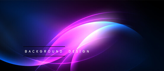 Abstract background features flowing curves, vibrant purple, blue hues. Modern design elements create dynamic visual impact.