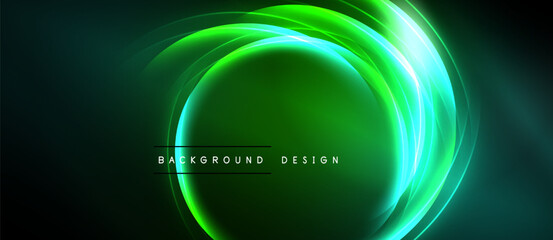 Abstract green neon swirls create dynamic circular design. Dark background emphasizes bright glowing lines, modern aesthetic.