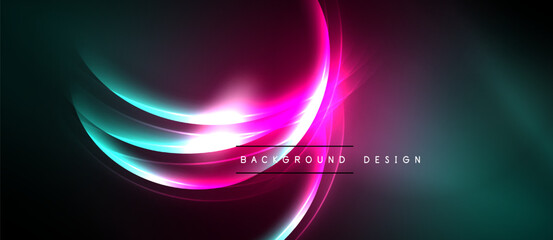 Abstract flowing lines, vibrant pinks, turquoise hues. Dark background creates dramatic visual effect. Modern design element.
