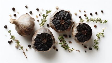aged black garlic with thyme and peppercorns on white background view from above.