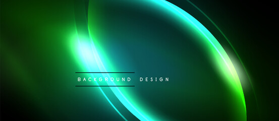 Abstract green background. Glowing lines create dynamic, modern visual effect. Dark space surrounds bright central form.