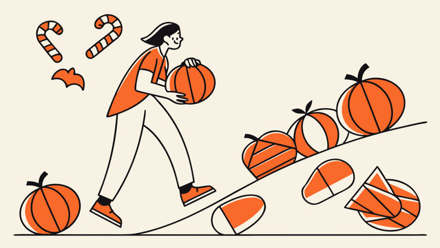 Woman carrying pumpkin surrounded by candy and broken pumpkins.