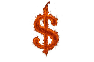Obraz premium Dollar sign burning with fire on transparent background, symbolizing financial crisis, inflation, economy collapse, hot money losses
