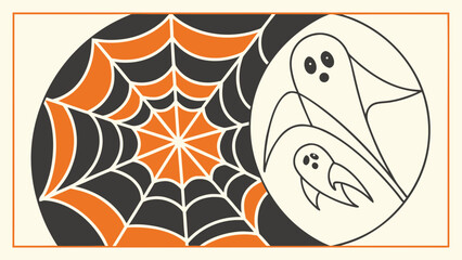 Halloween illustration with ghostly figures and spider web.