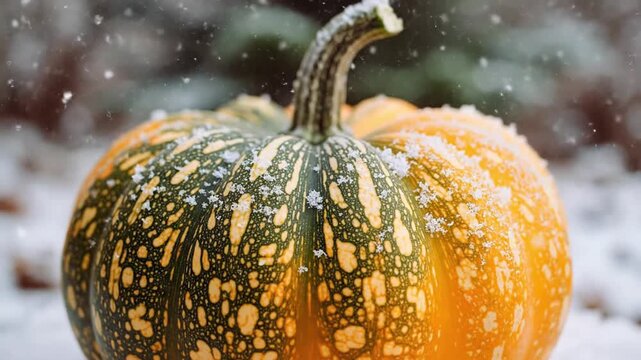 A vibrant, speckled winter squash or gourd rests peacefully on a fresh bed of white snow, creating a beautiful contrast between the warm hues and cold environment. Delicate, glistening snowflakes gent