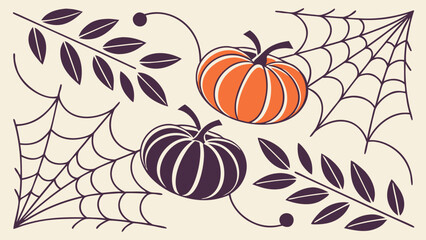Naklejka premium Halloween Autumn Vector Illustration with Pumpkins, Spiderwebs, and Fall Foliage. Spooky Season Design Element.