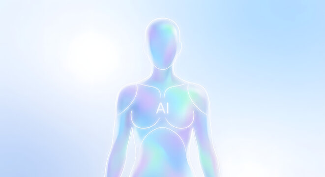  Abstract Human Silhouette Representing Artificial Intelligence with Soft Holographic Light and Minimalist Glowing Lines on White Gradient Background - Powered by Adobe