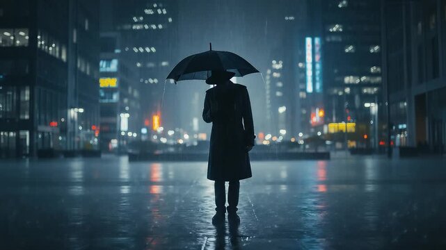 Silhouette stands with umbrella in heavy rain on wet city street. Blurred building lights reflect on the pavement at night. Lockdown eye level view.