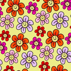 Cute Flowers and Hand-Drawn Doodle Scribble Floral Plants Banner. seamless pattern. Creative minimalist abstract art background. Design wall decoration, postcard, poster or brochure