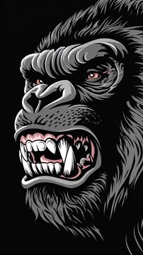 Intense graphic illustration of a roaring gorilla's head with bared fangs and dark fur against a black background.