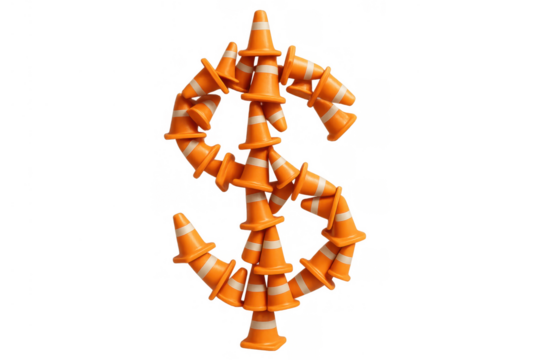 Traffic cones forming dollar sign showing construction cost, road work budget, and spending for infrastructure development