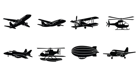 A collection of various aircraft silhouettes including planes helicopters and airships © Dlstudio11