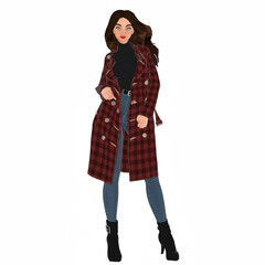 3D rendered cartoon-style female character wearing a long red plaid coat, black turtleneck sweater, blue jeans, and black ankle boots, isolated on transparent background