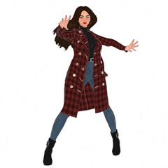 3D rendered cartoon-style female character wearing a long red plaid coat, black turtleneck sweater, blue jeans, and black ankle boots, isolated on transparent background