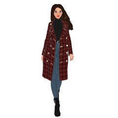 3D rendered cartoon-style female character wearing a long red plaid coat, black turtleneck sweater, blue jeans, and black ankle boots, isolated on transparent background