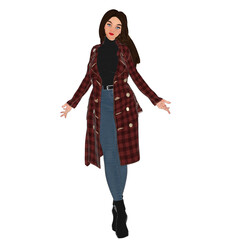 3D rendered cartoon-style female character wearing a long red plaid coat, black turtleneck sweater, blue jeans, and black ankle boots, isolated on transparent background