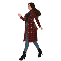 3D rendered cartoon-style female character wearing a long red plaid coat, black turtleneck sweater, blue jeans, and black ankle boots, isolated on transparent background