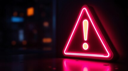 Neon red warning sign with exclamation point on dark background