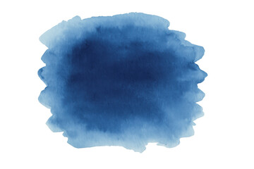 Abstract blue watercolor stain forming a paint blot and ink splash texture on a transparent backdrop