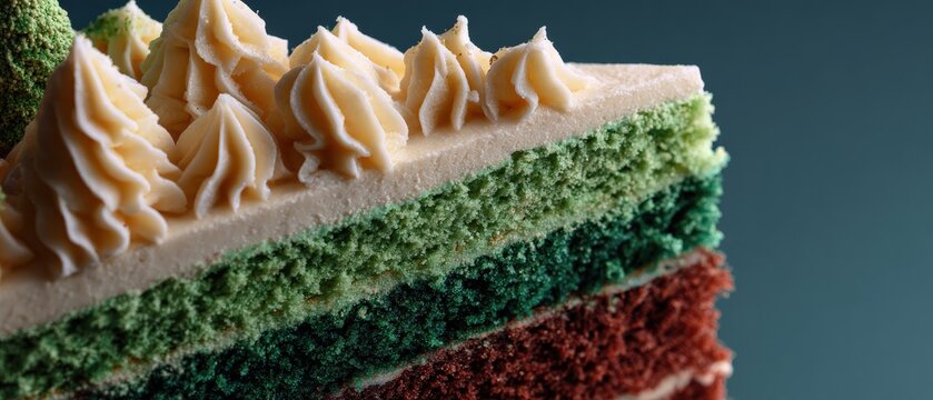 Delicious layered cake slice with vibrant green and red sponge, topped with creamy white frosting swirls A tempting sweet treat for celebrations and special occasions, showcasing baking artistry